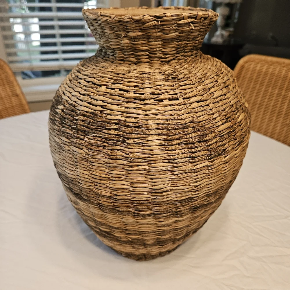 Large Handwoven  Wicker Vase Boho Decor Brown & Tan